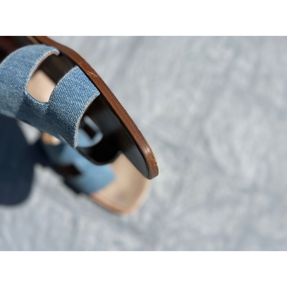 Hermes Oran Denim Sandals Blue denim Slides Size 39 Flat Shoes - Picture 7 of 11